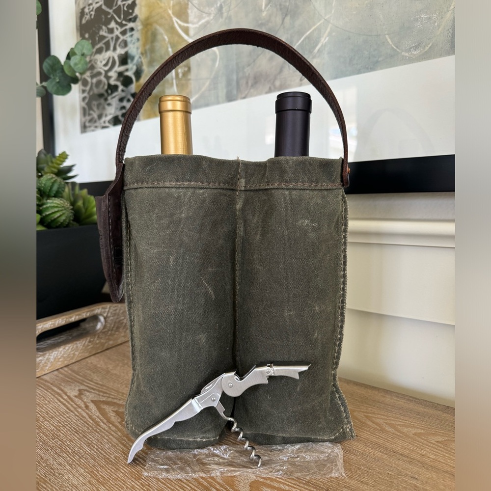 Orox Leather Co. Waxed Canvas Double Bottle Wine Caddy with Wine Key Olive Green - Picture 2 of 13
